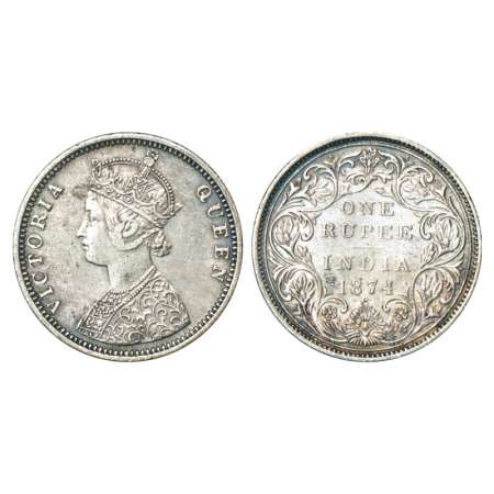 Victoria Queen, silver rupee, 1874, Bombay mint, C1/II/No mint mark, PR 141. Very fine+, R