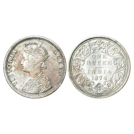 Victoria Queen, silver rupee, 1874, Bombay mint, C1/II/No mint mark, PR 141. About very fi
