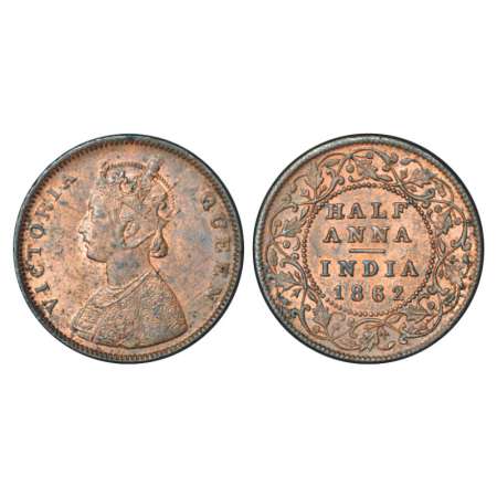 Victoria Queen, copper ½ anna, 12.89g, 1862, Madras mint, PR 577; GK 390. About uncirculat