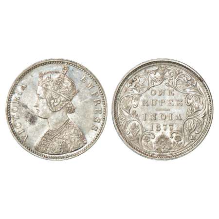 Victoria Empress, silver rupee, 1877, Bombay mint, A2/II/dot, PR 149. About uncirculated, 