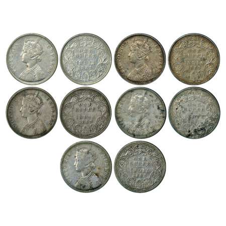 Victoria Empress, silver rupee, 1883, set of 5 different types, Calcutta Mint, A1/I/C incu