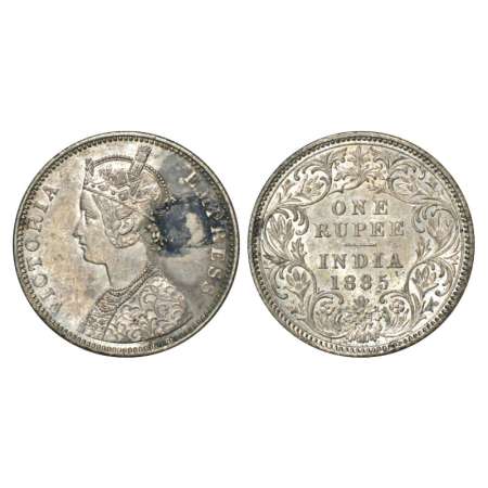 Victoria Empress, silver rupee, 1885, Bombay mint, C2/I/B incuse, PR 170. Black spots, Ext