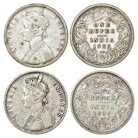 Victoria Empress, silver rupee (2), 1886, Calcutta mint, C4/I/C incuse, C4 is a recently d