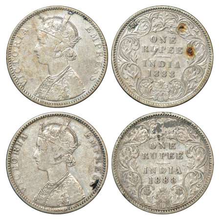 Victoria Empress, silver rupee (2), 1888, Bombay mint, C2/I/B incuse, normal 'B', PR 175, 