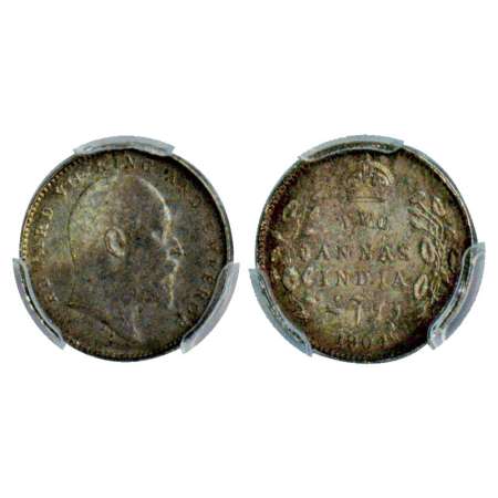 Edward VII, silver 2 annas, 1904, Calcutta mint, PR 557. Graded as MS63 by PCGS, Very scar