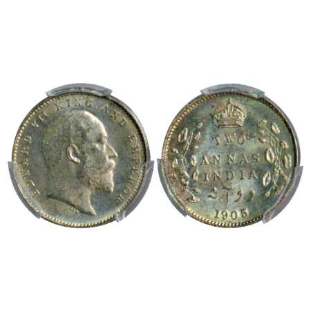 Edward VII, silver 2 annas, 1905, Calcutta mint, PR 558. Graded as MS64 by PCGS, Very scar