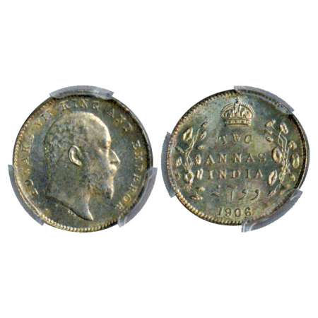 Edward VII, silver 2 annas, 1906, Calcutta mint, PR 559. Graded as MS64 by PCGS, Very scar