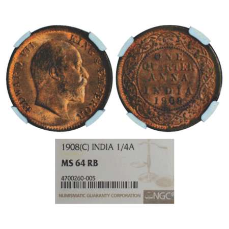 Edward VII, copper ¼ anna, 1908, Calcutta mint, no dot, PR 653; GK 1000. Graded as MS64 RB