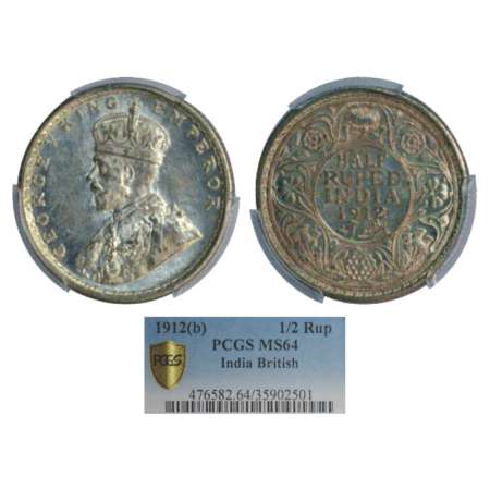 George V, silver ½ rupee, 1912, Bombay mint, dot, PR 330; GK 1047. Graded as MS64 by PCGS,