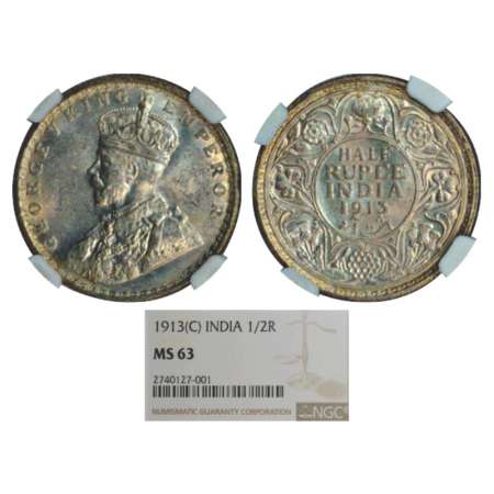 George V, silver ½ rupee, 1913, Calcutta mint, no dot, PR 320; GK 1048. Graded as MS63 by 