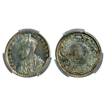 George V, silver 2 annas, 1912, Bombay mint, PR 571. Graded as MS62 by PCGS, Very scarce.
