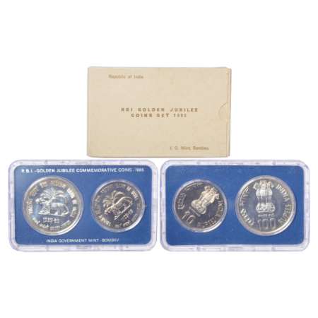 1985, Reserve Bank of India, UNC set of 2 coins, 100 rupees and 10 rupees, Bombay mint, RB