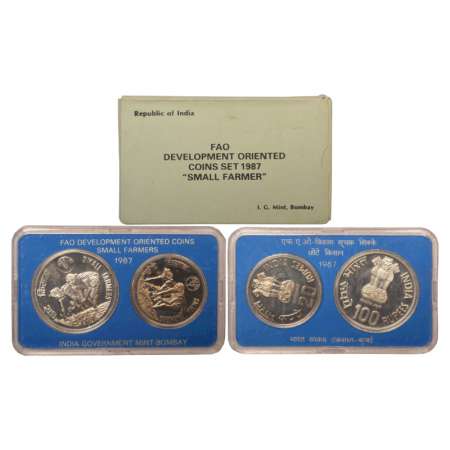1987, Small Farmers, UNC set of 2 coins, 100 rupees and 20 rupees, Bombay mint, RB 131, in