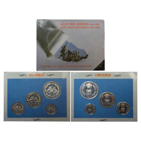 1992, Quit India Movement, UNC set of 4 coins, 100 rupees, 50 rupees, 10 rupees and 1 rupe