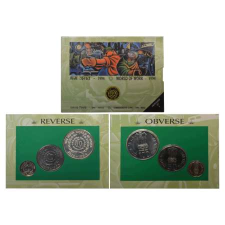 1994, World of Work, UNC set of 3 coins, 100 rupees, 50 rupees and 5 rupees, Bombay mint, 
