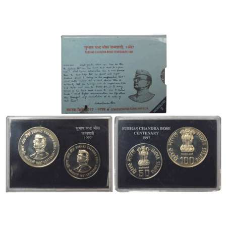 1997, Netaji Subhas Chandra Bose, UNC set of 2 coins, 100 rupees and 50 rupees, Calcutta m