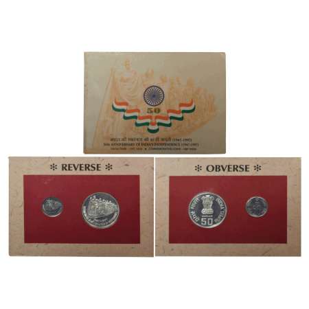 1997, 50th Year of Independence, UNC set of 2 coins, 50 rupees and 50 paise, Mumbai mint, 