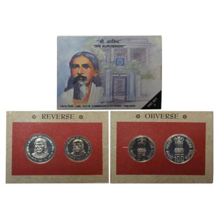 1998, Sri Aurobindo, UNC set of 2 coins, 100 rupees and 50 rupees, Mumbai mint, RB 210, in