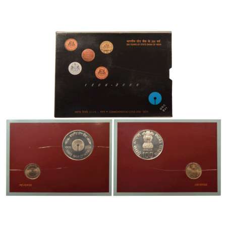 2006, 200 Years of State Bank of India, UNC set of 2 coins, 100 rupees and 5 rupees, Kolka
