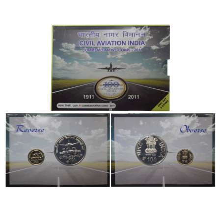 2011, Civil Aviation India, UNC set of 2 coins, 100 rupees and 5 rupees, Mumbai mint, RB 2