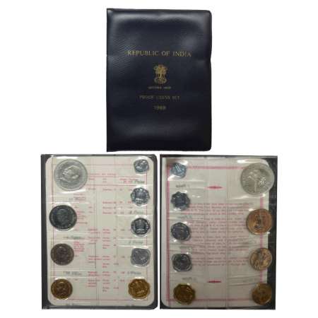 1969, Mahatma Gandhi Centenary, Proof set of 9 coins, 10 rupees, 1 rupee, 50 paise, 20 pai