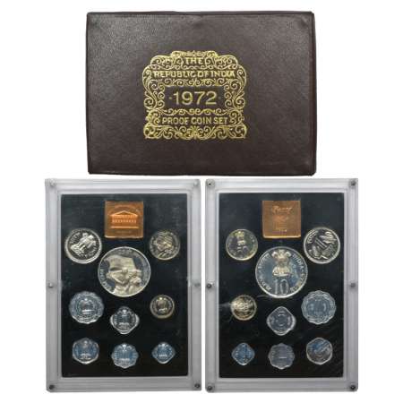 1972, 25th Anniversary of Independence, Proof set of 9 coins, 10 rupees, 1 rupee, 50 paise