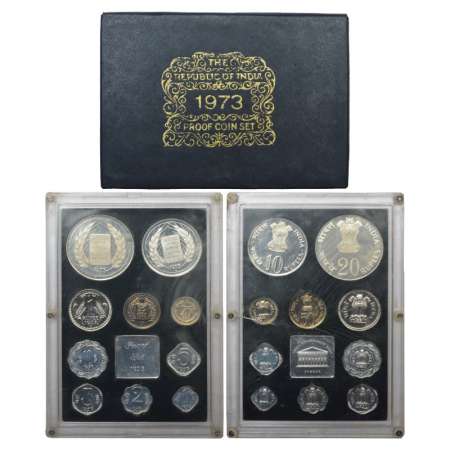 1973, Grow More Food, Proof set of 10 coins, 20 rupees, 10 rupees, 1 rupee, 50 paise, 25 p