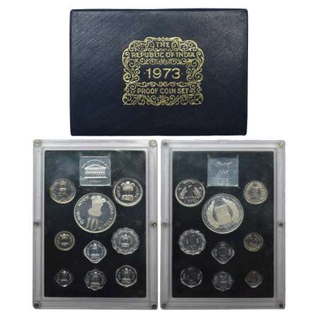 1973, Grow More Food, Proof set of 9 coins, 10 rupees, 1 rupee, 50 paise, 25 paise, 10 pai