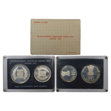 1973, Grow More Food, Proof set of 2 coins, 20 rupees and 10 rupees, Bombay mint, RB 37, i