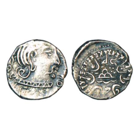 Western Kshatrapas, Karddamaka dynasty, silver drachm of Swami Rudrasimha III (385-415 AD)