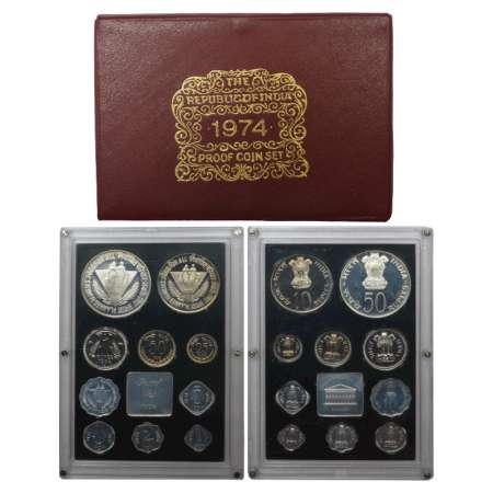 1974, Planned Families, Food For All, Proof set of 10 coins, 50 rupees, 10 rupees, 1 rupee