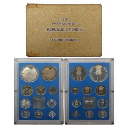 1975 Equality Development Peace, Proof set of 10 coins, 50 rupees, 10 rupees, 1 rupee, 50 