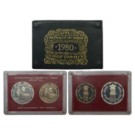 1980, Rural Women's Advancement, Proof set of 2 coins, 100 rupees and 10 rupees, Bombay mi