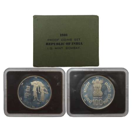 1981, World Food Day, single proof coin, 100 rupees, Bombay mint, RB 85, in original mint 