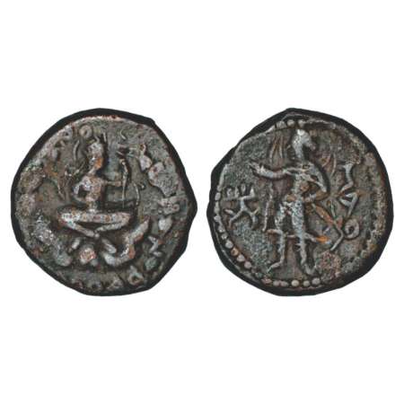 Kushans, Copper tetradrachm of Huvishka (150-180 AD), MAC 3312, 15.20g. Obv: King, wearing