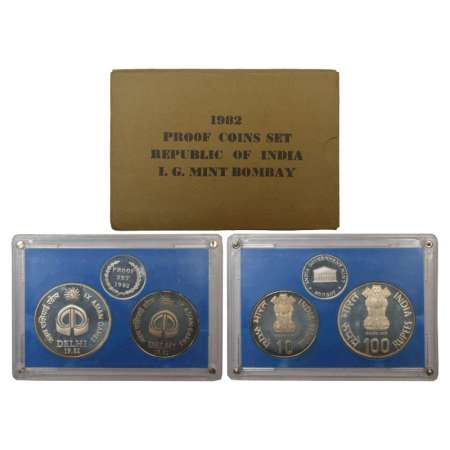 1982, IX Asian Games, Proof set of 2 coins, 100 rupees and 10 rupees, Bombay mint, RB 92, 