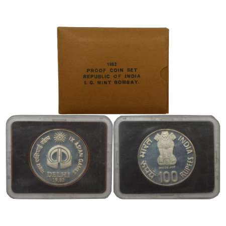 1982, IX Asian Games, single proof coins, 100 rupees, Bombay mint, RB 93, in original mint