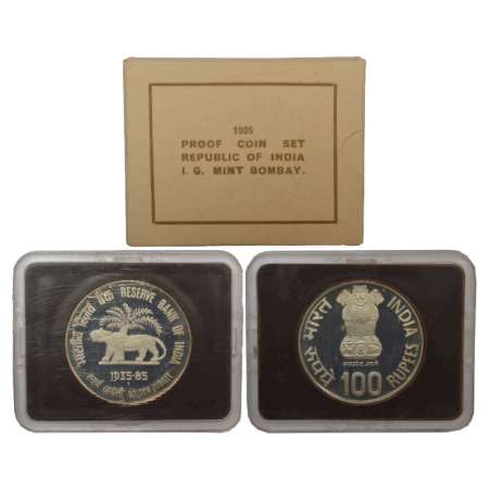 1985, Reserve Bank of India, Golden Jubilee, single proof coin, 100 rupees, Bombay mint, R