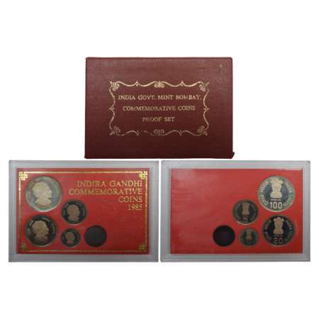 1985, Indira Gandhi, Proof set of 4 coins, 100 rupees, 20 rupees, 5 rupees and 50 paise, B