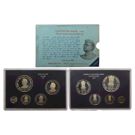 1997, Netaji Subhas Chandra Bose, Proof set of 4 coins, 100 rupees, 50 rupees, 10 rupees a