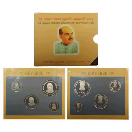 2001, Dr. Syama Prasad Mookerjee, Proof set of 4 coins, 100 rupees, 50 rupees, 10 rupees a