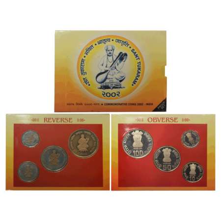 2002, Sant Tukaram, Proof set of 4 coins, 100 rupees, 50 rupees, 10 rupees and 2 rupees, K