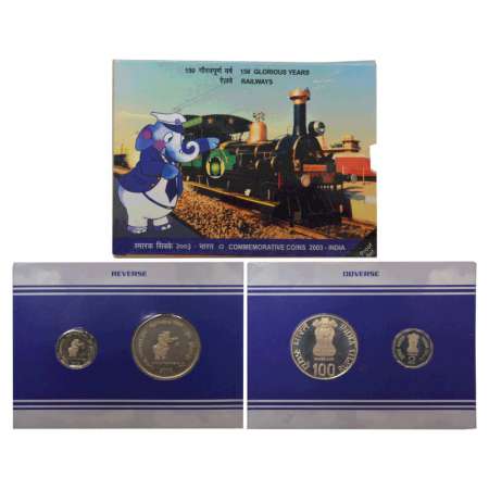 2003, 150 Glorious Years of Railways, Proof set of 2 coins, 100 rupees and 2 rupees, Kolka