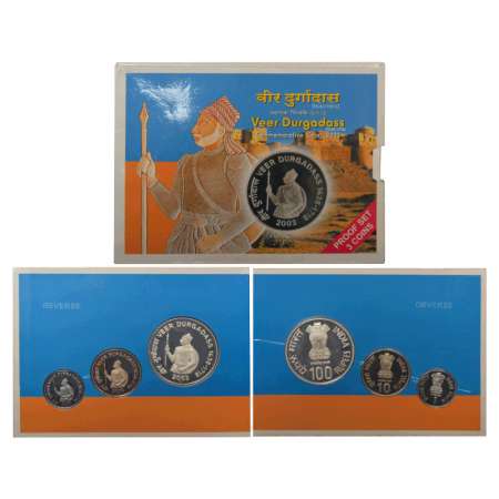 2003, Veer Durgadas, Proof set of 3 coins, 100 rupees, 10 rupees and 1 rupee, Mumbai mint,