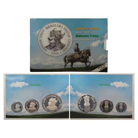 2003, Maharana Pratap, Proof set of 3 coins, 100 rupees, 10 rupees and 1 rupee, Mumbai min