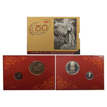 2004, 150 Years of India Post, Proof set of 2 coins, 100 rupees and 1 rupee, Kolkata mint,