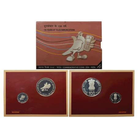 2004, 150 Years of Telecommunication, Proof set of 2 coins, 100 rupees and 2 rupees, Kolka