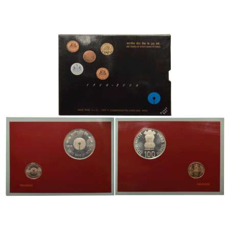 2006, 200 Years of State Bank of India, Proof set of 2 coins, 100 rupees and 5 rupees, Kol