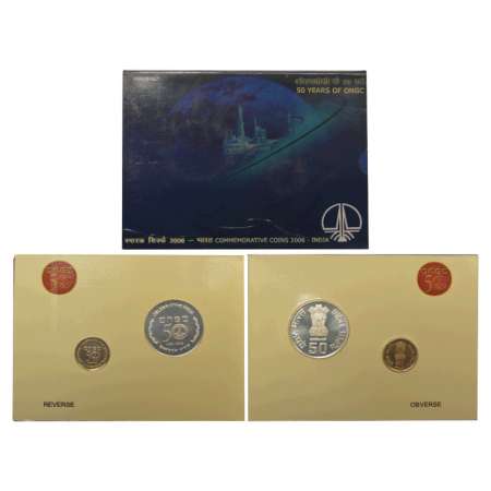 2006, 50 Years Celebration of ONGC, Proof set of 2 coins, 50 rupees and 5 rupees, Kolkata 