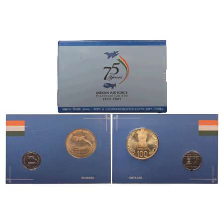 2007, Indian Air Force-Platinum Jubilee, Proof set of 2 coins, 100 rupees and 2 rupees, Ko